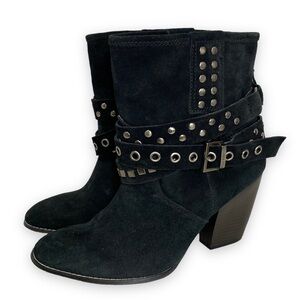 libby Edelman - Black Suede STudded Wrap Buckle Heeled Boot - Size 9.5